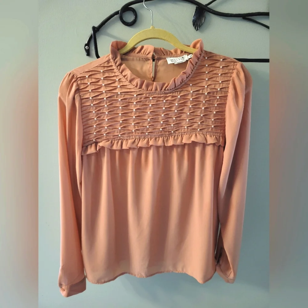 Molly Bracken chiffon long-sleeve blouse in peach, US size M - Picture 2 of 6